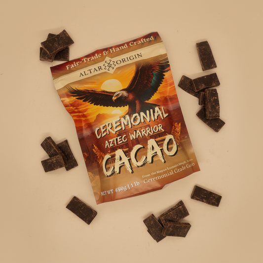 Ceremonial Aztec Warrior Cacao packaging with chocolate pieces on a beige background