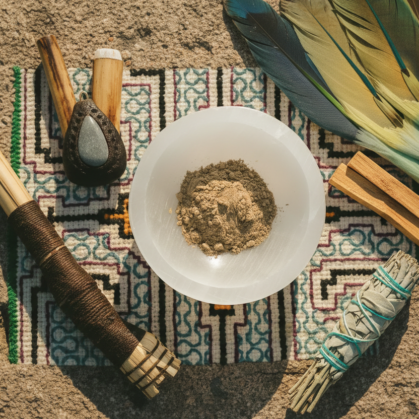 White bowl with hape on a patterned rug, surrounded by wooden tools and feathers.