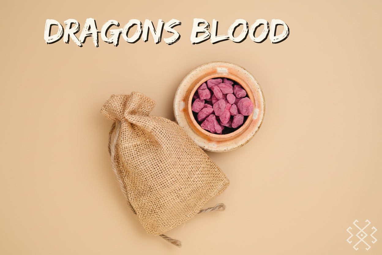 Burlap bag and container with pink contents on a beige background, labeled 'Dragons Blood'.