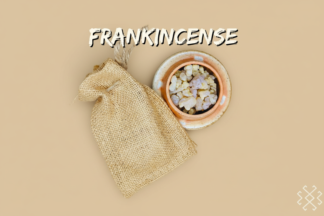 Frankincense resin in a pot with a jute bag on a patterned fabric background