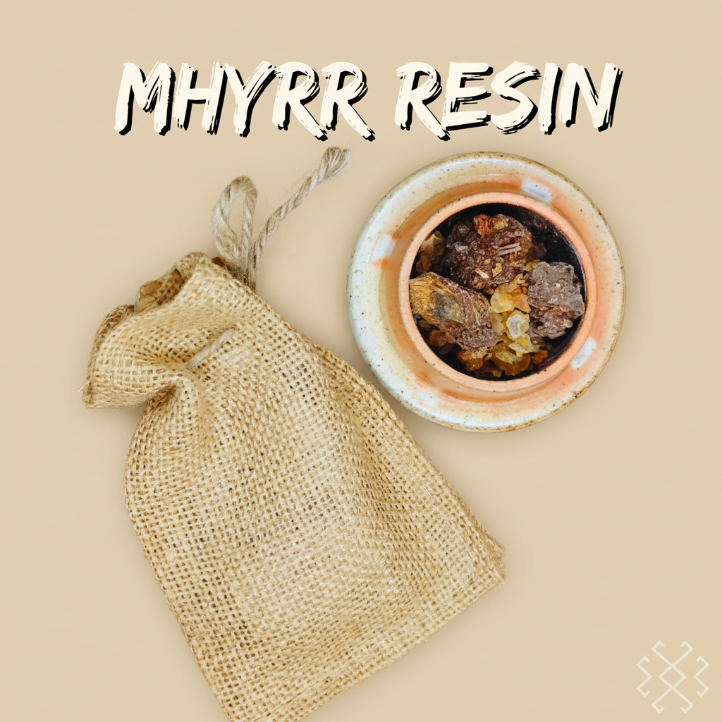 Myrrh resin with a jute bag on a patterned fabric background
