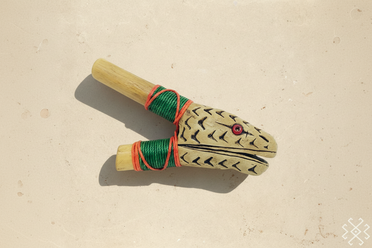 kuripe  resembling a snake with a wooden head on a beige surface