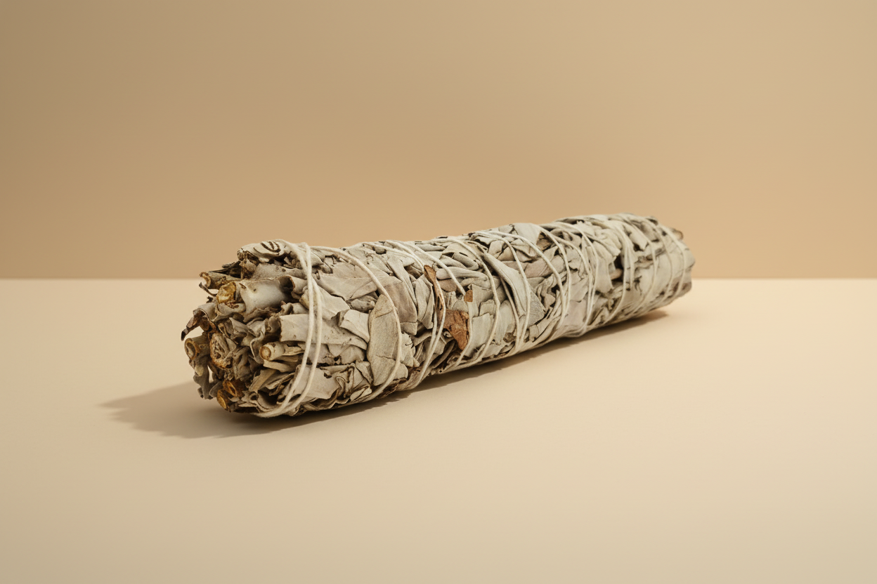 Rolled sage smudge stick on a beige background