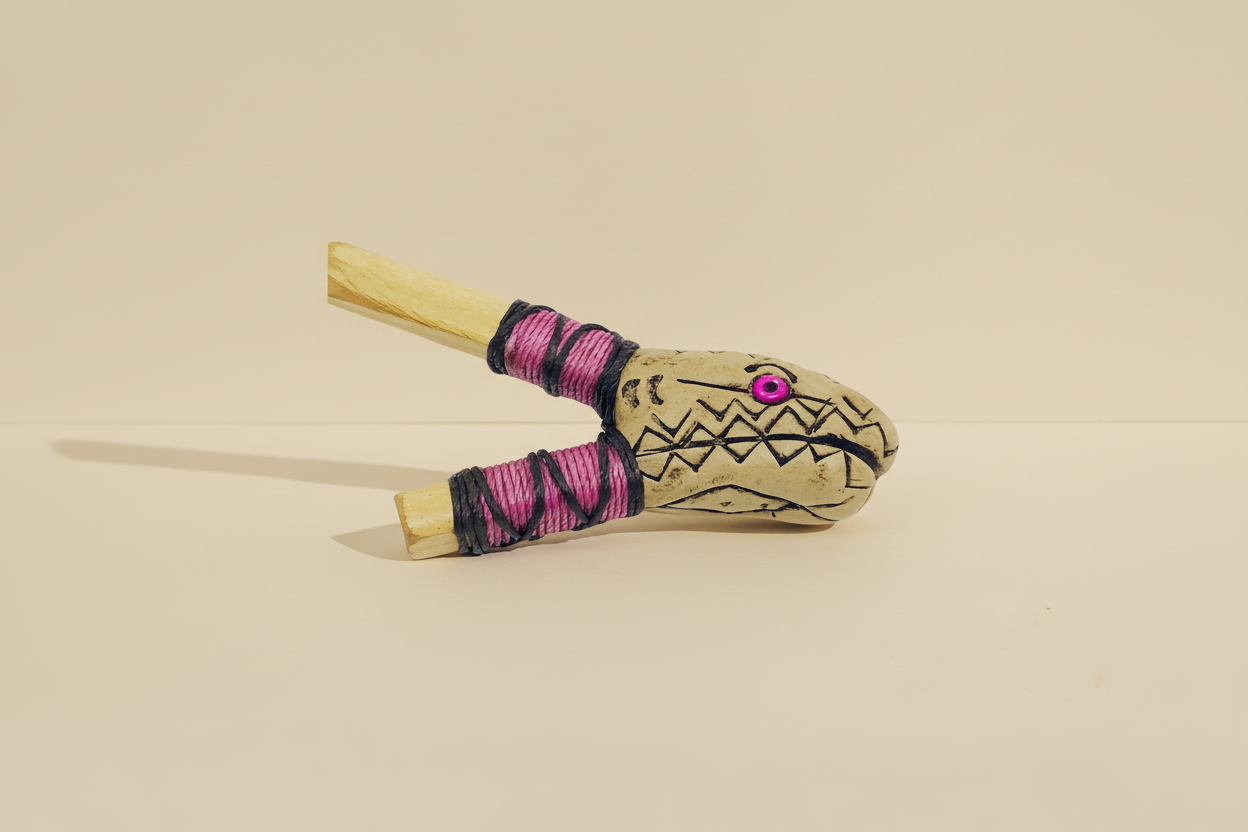 Handmade kuripe snake with pink and black pattern on a beige background
