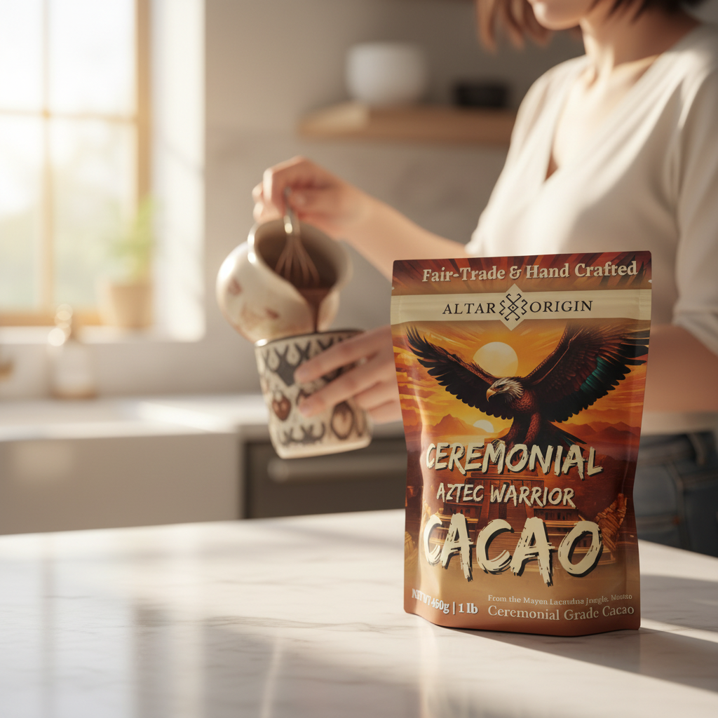Person preparing a cup of cacao with a bag of ceremonial Aztec Warrior Cacao in a kitchen.