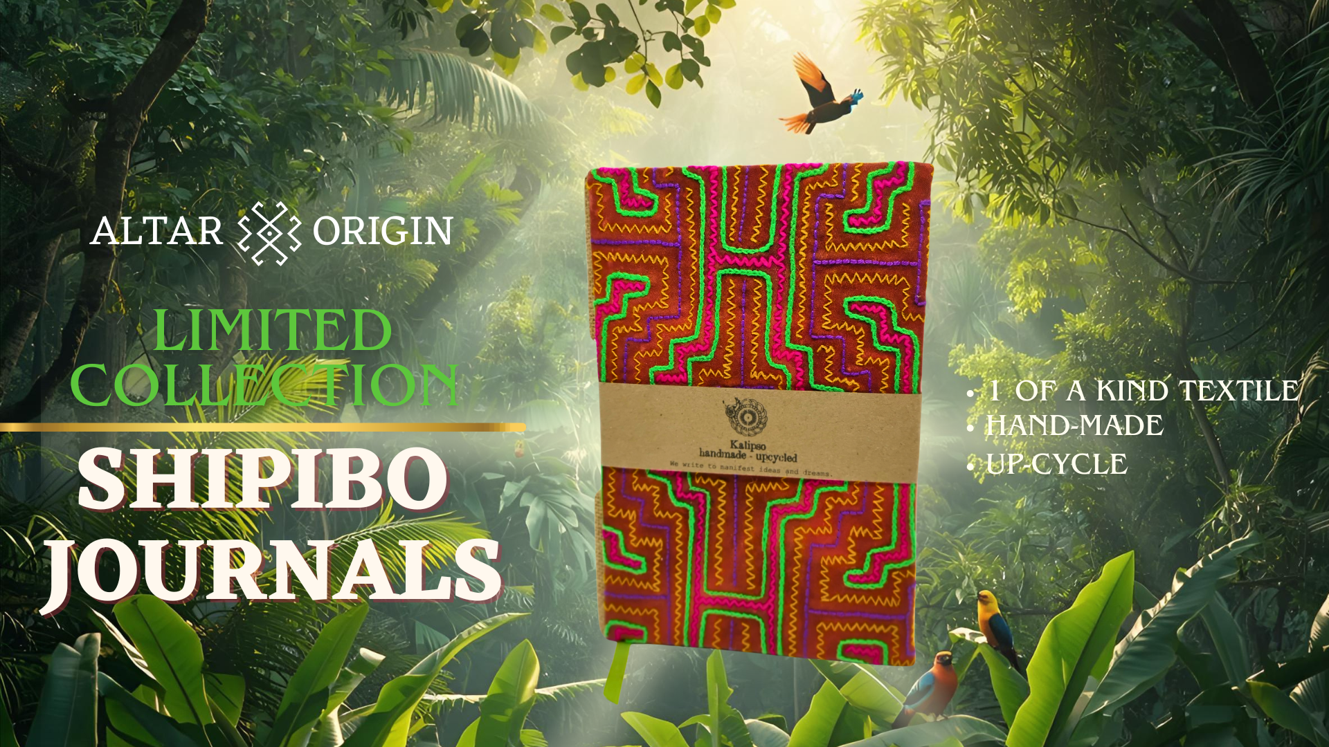 Shipibo Journals packaging with jungle background and Altar Origin branding