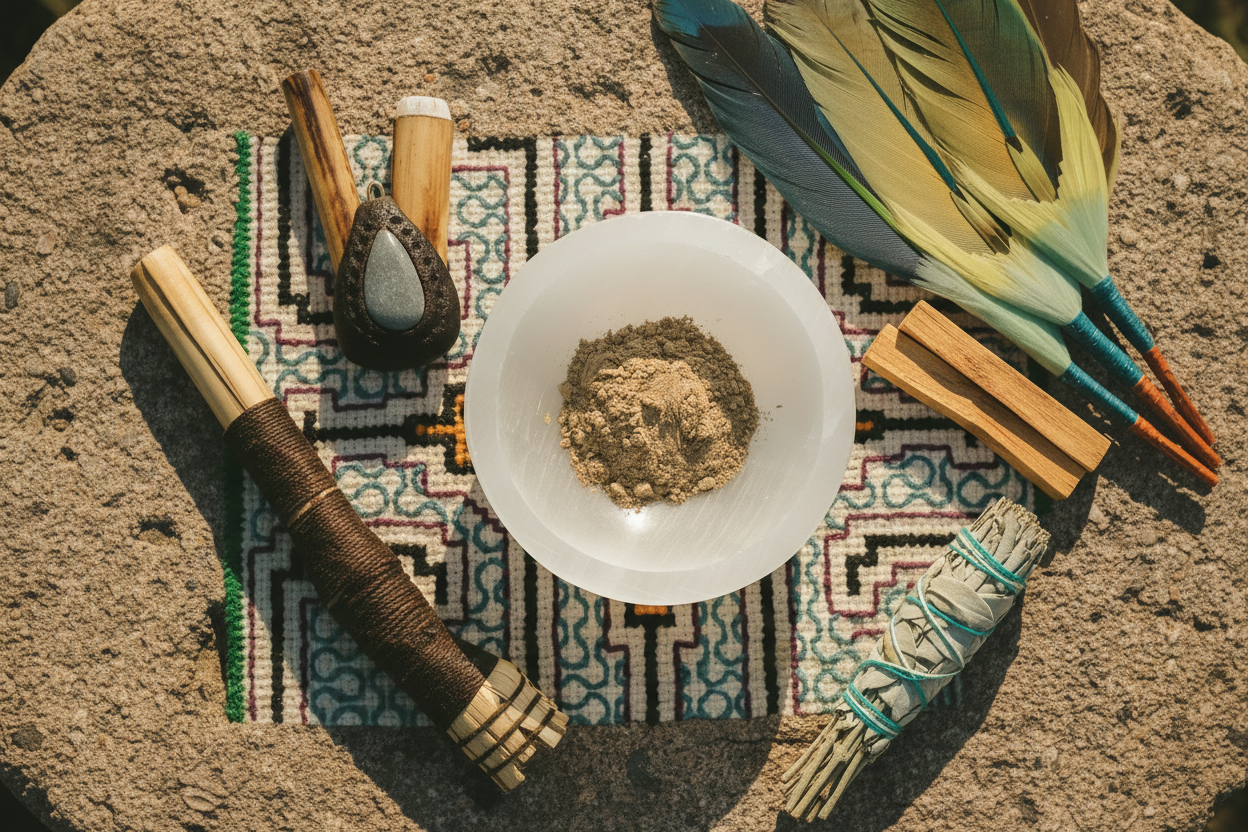 White bowl with herbs on a textured surface with tools and feathers