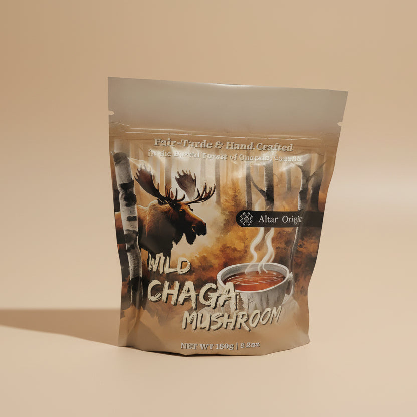 Package of Wild Chaga Mushroom with moose illustration on a white background
