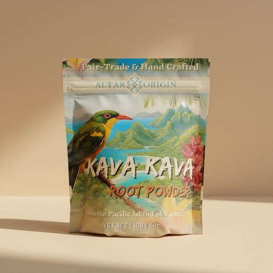Kava Kava root powder package with scenic design on a white background