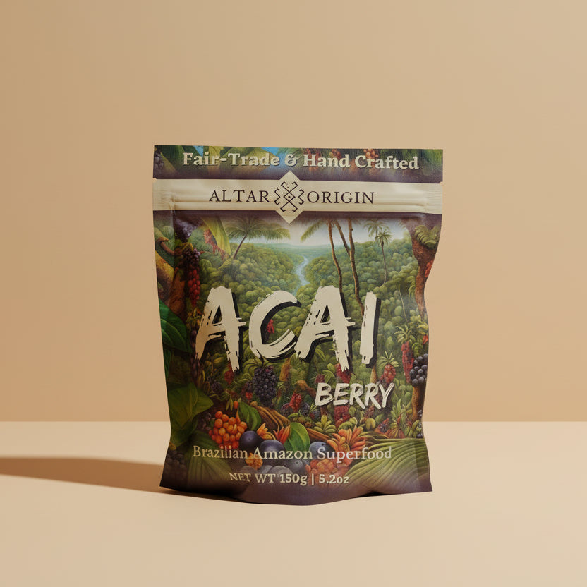 Packaged acai berry product with 'Altar of Origin' branding on a white background
