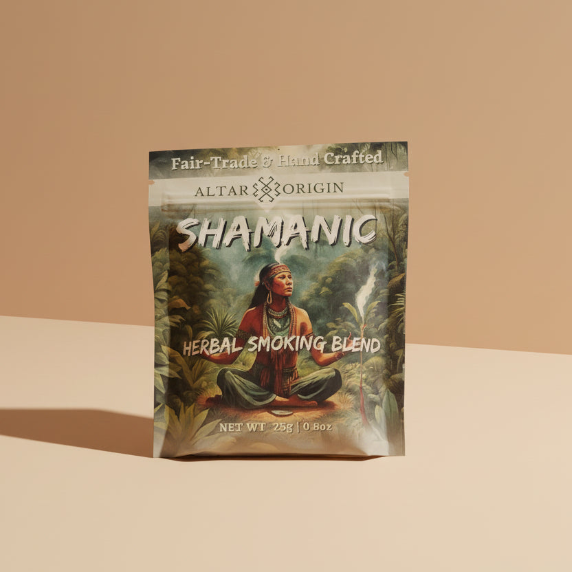 Shamanic herbal smoking blend package by Altar Origin on a beige background