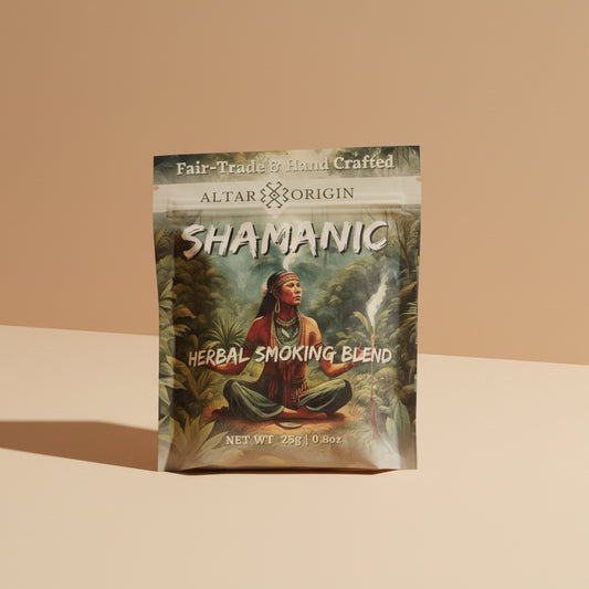 Shamanic herbal smoking blend package by Altar Origin on a beige background