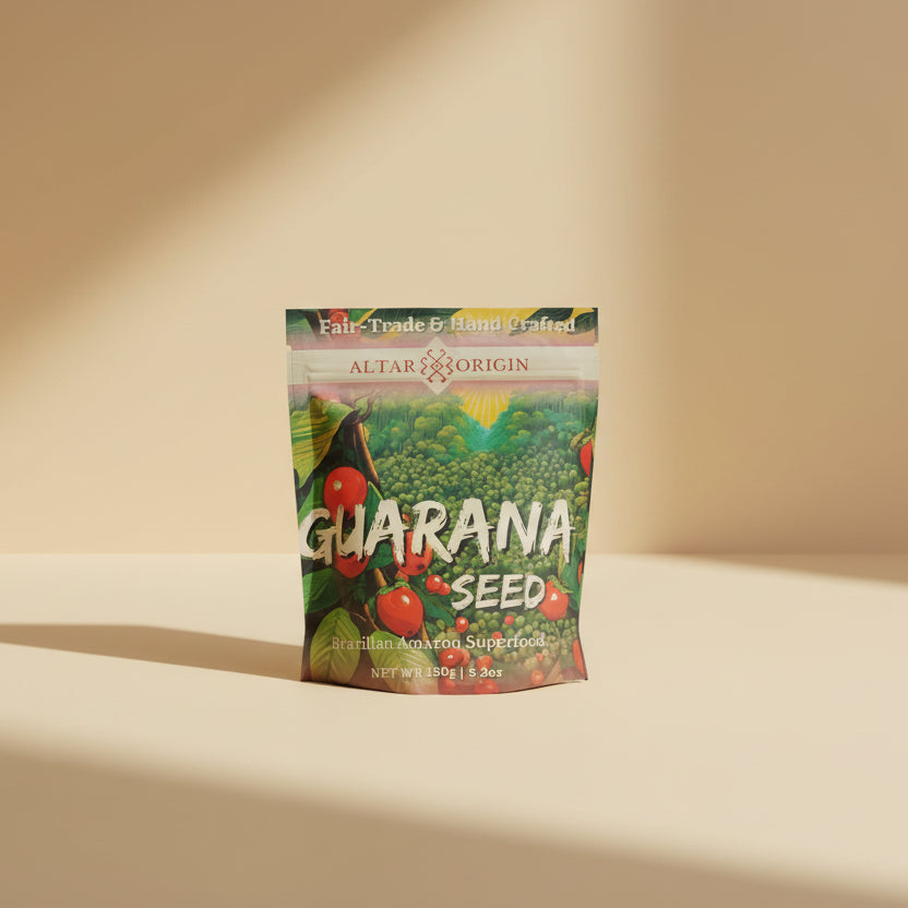 Package of guarana seeds with branding on a white background