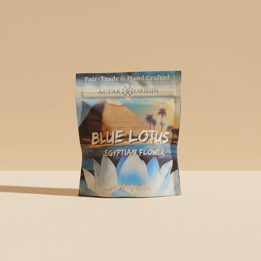 Packaging of Blue Lotus Egyptian Flower with palm trees and desert landscape on a white background