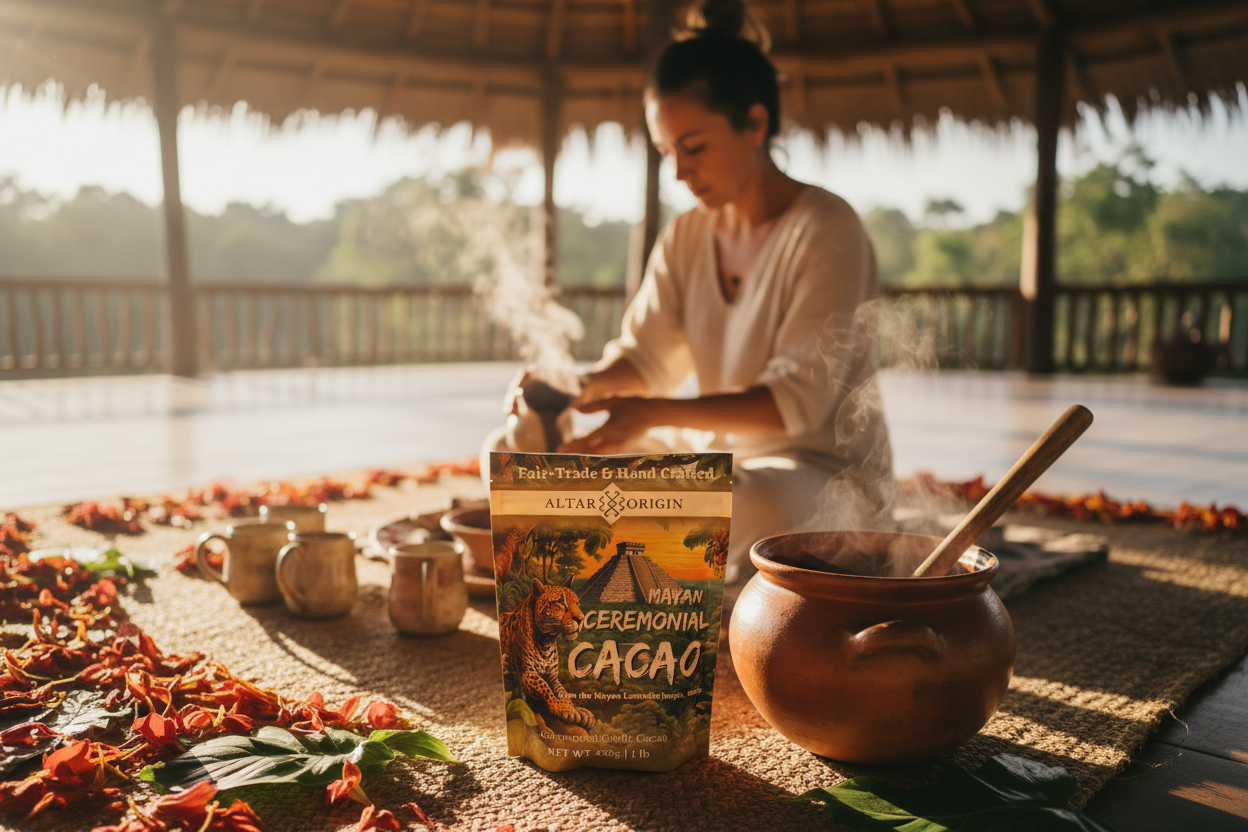 Person preparing a cacao ritual with Altar of Origin ceremonial cacao box in a natural setting.