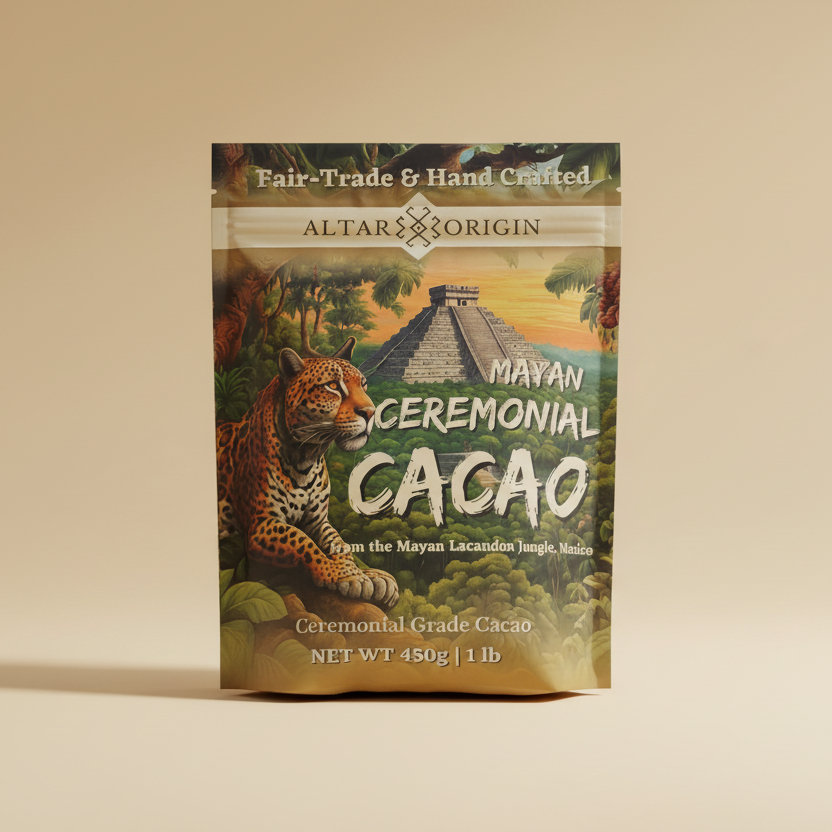 Package of Altar of Origin Mayan Ceremonial Cacao with a leopard and pyramid design on a beige background