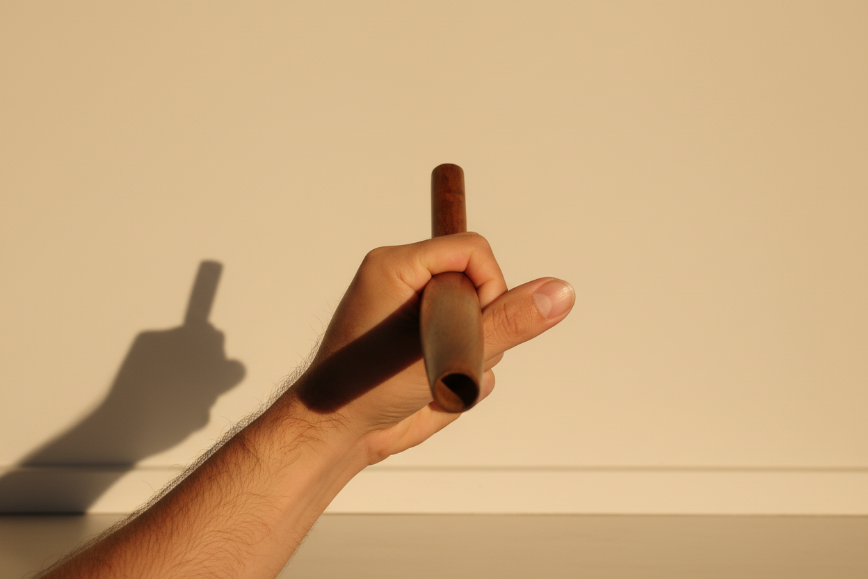 Hand holding a hapé tepi against a beige wall