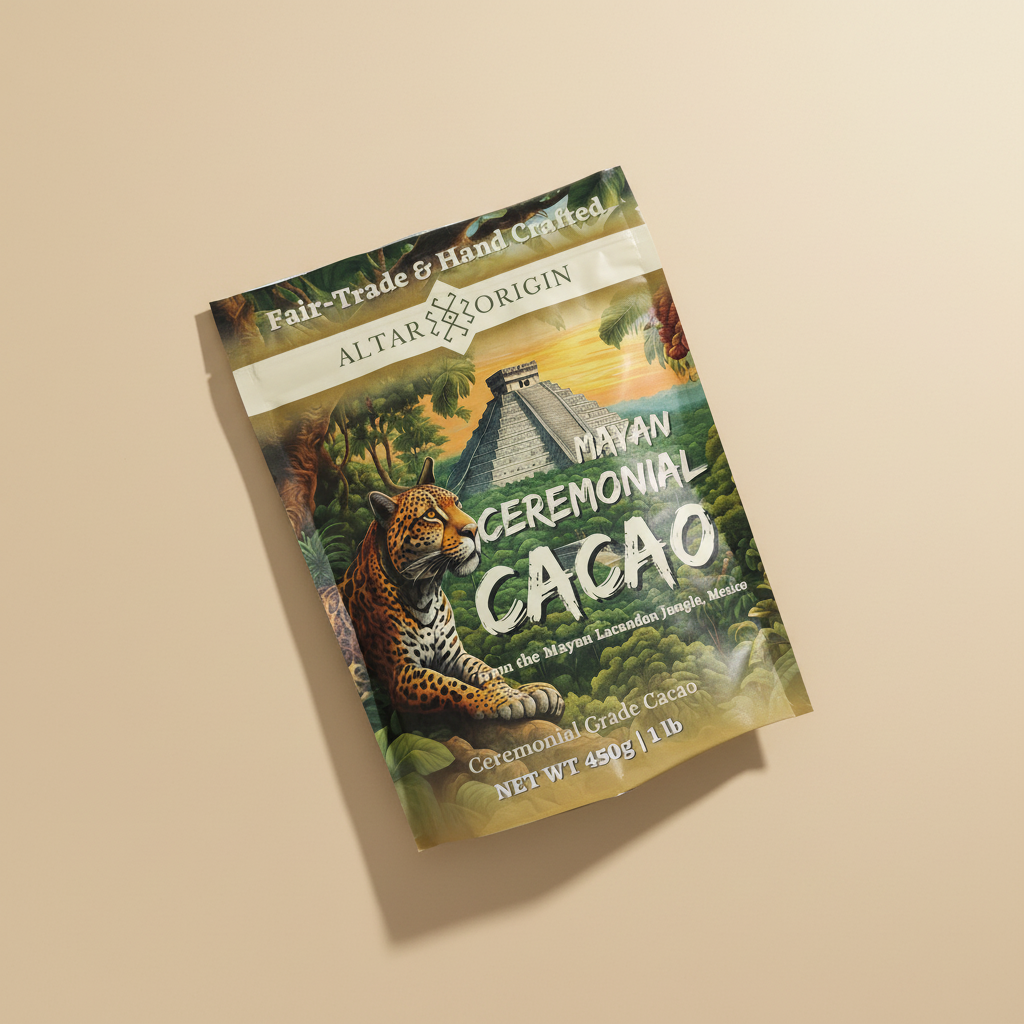 Mayan Ceremonial Cacao packaging with a tiger illustration on a beige background