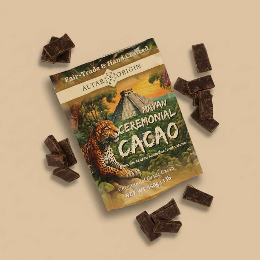 Mayan Ceremonial Cacao package with chocolate pieces on a white background