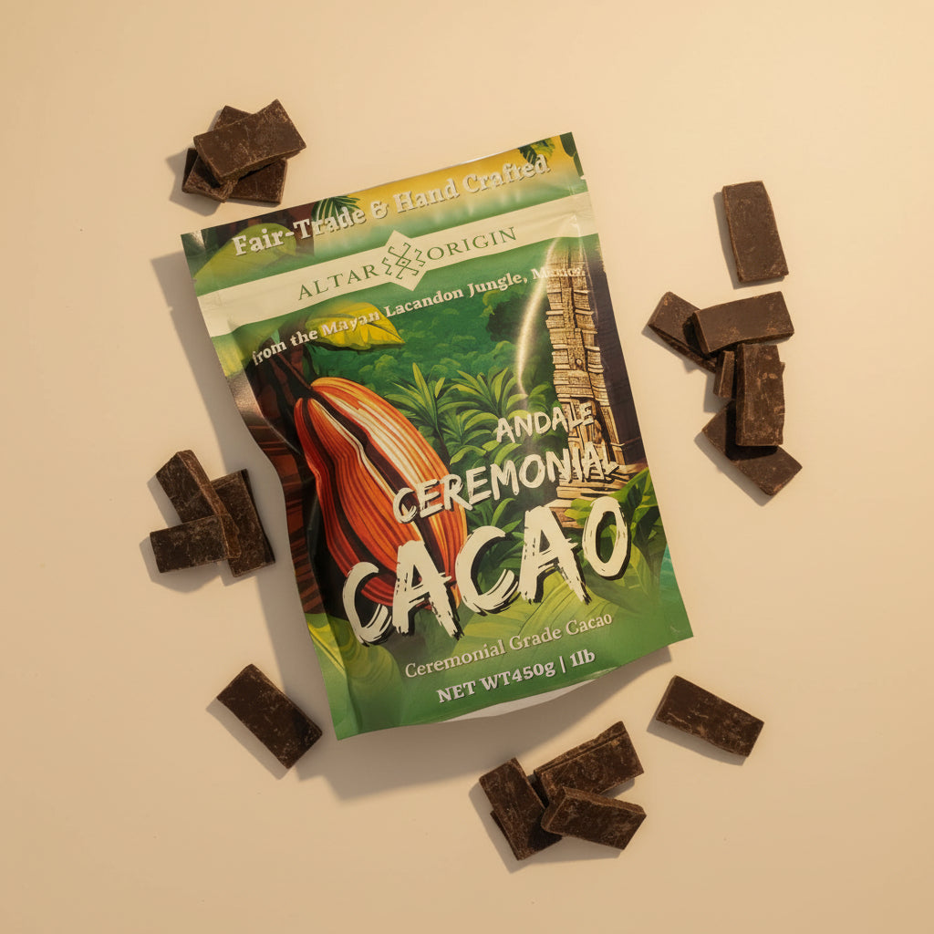 Cacao ceremonial chocolate packaging with pieces of dark chocolate on a white surface