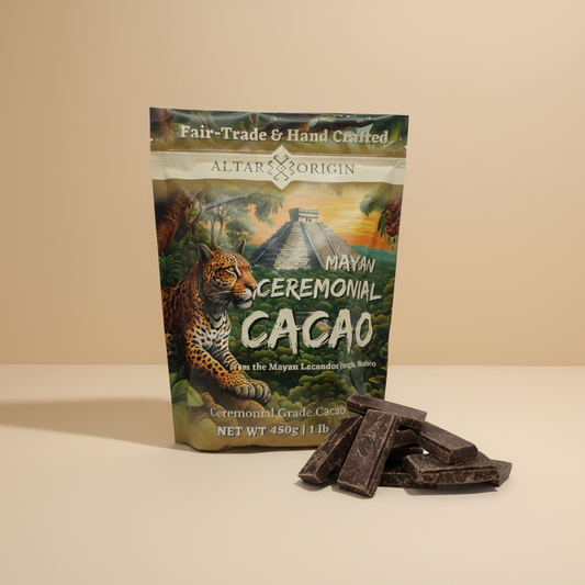 Mayan Ceremonial Cacao package with cacao bars on a beige background