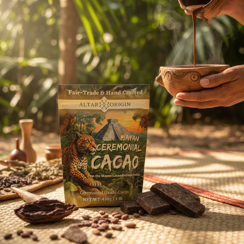 Mayan ceremonial cacao packaging with a person pouring cacao into a bowl outdoors.