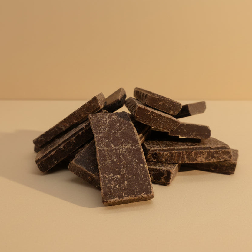 Dark chocolate bars stacked on a white surface