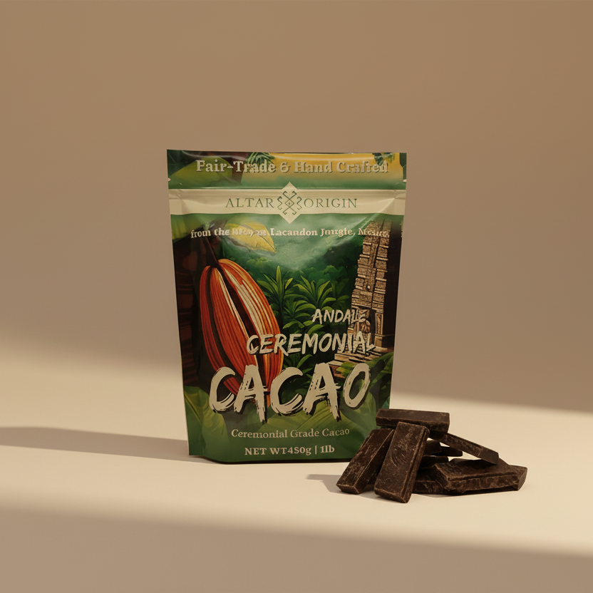 Ande's Ceremonial Cacao package with cacao pieces on a beige background