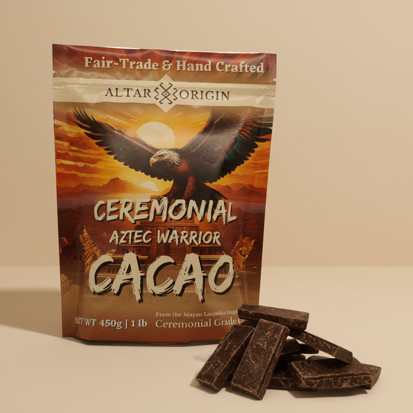 Ceremonial Aztec Warrior Cacao packaging with chocolate pieces on a white background