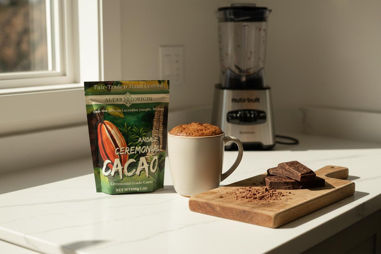 Ande's Ceremonial Cacao package with cacao pieces on a beige background