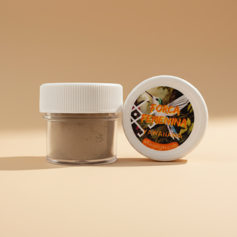 A small container of Yawanawa Forca Femenina snuff, with a label featuring a bird and the product title.