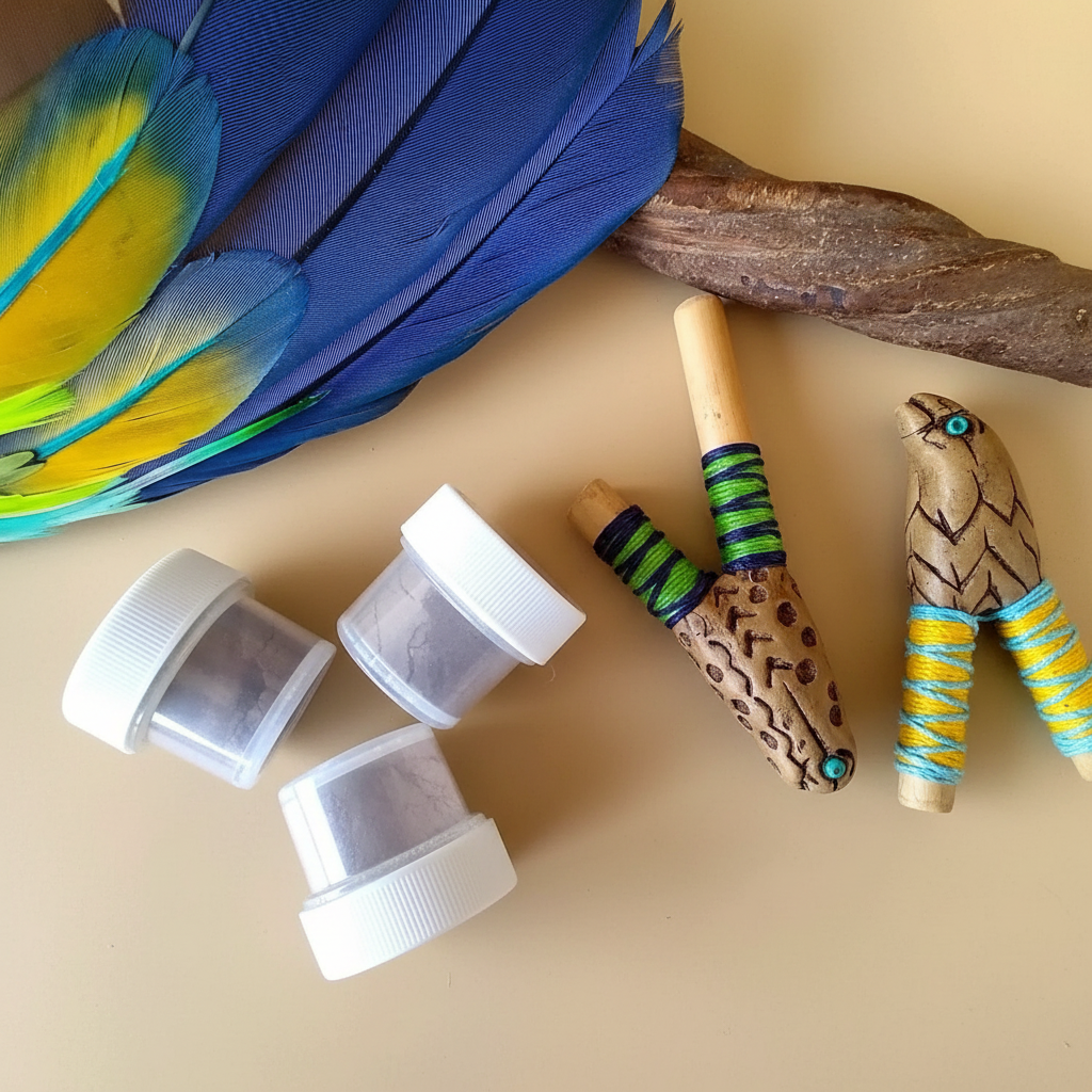 kuripes items including feathers, containers, and wooden sticks on a beige surface