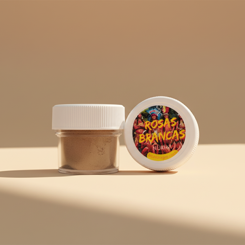 A small container labeled 'ROSAS BRANCAS' alongside its lid which has a colorful, decorative design featuring floral elements.