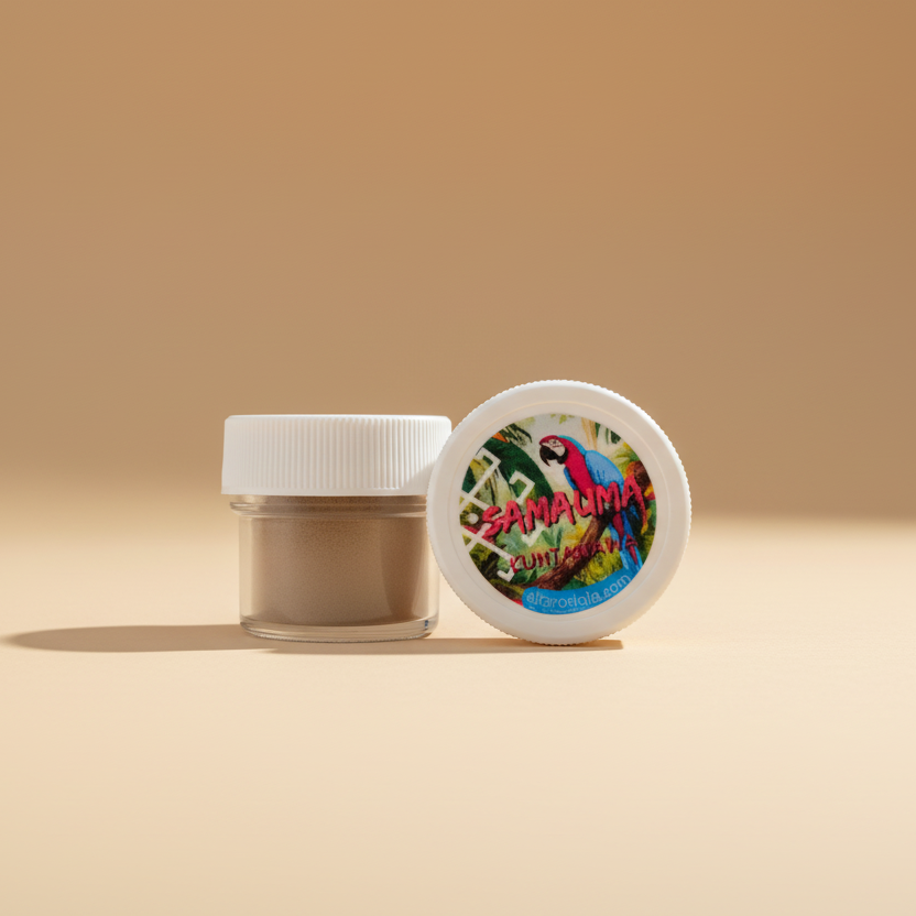A small container of Kuntanawa Samauma powder with a lid featuring an illustration of a parrot and tropical plants.